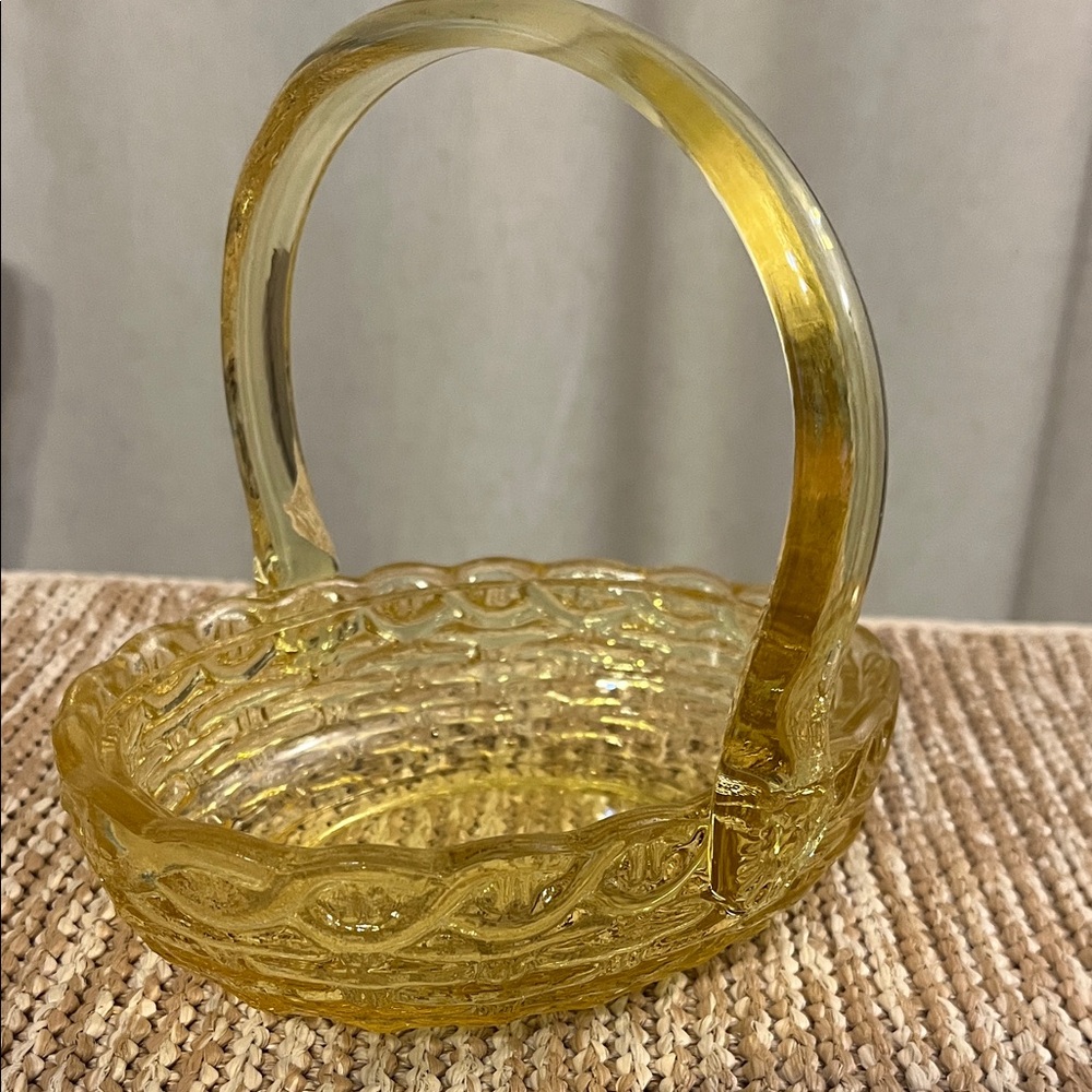 Vintage Yellow Glass Basket with Handle 6.10”L 5”W 5.5”H